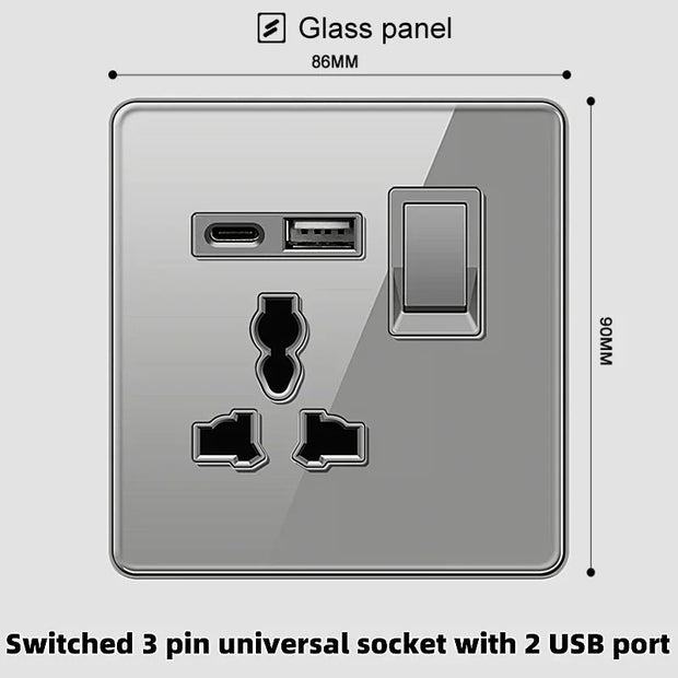 LuxeCharge®  Grey Tempered Glass Wall Socket UK 110-250V