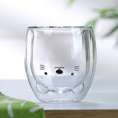 Cute double-layer glass mug – insulated animal-themed coffee cup with bear, cat, duck, and dog