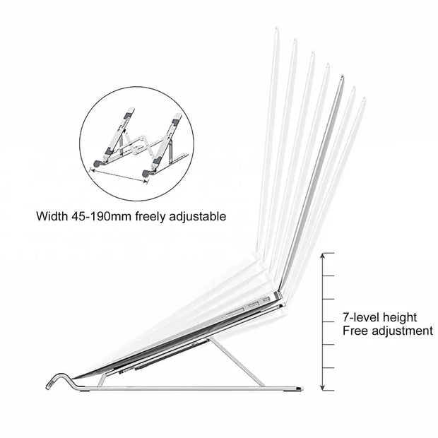 Aluminum adjustable foldable laptop stand with heat dissipation and ergonomic support for notebooks and tablets